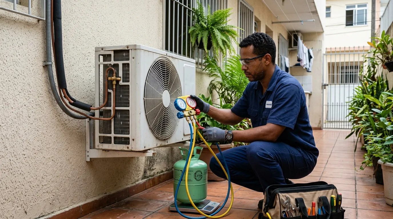 Técnico fazendo carga de gás na condensadora do ar-condicionado em Montes Claros‑MG