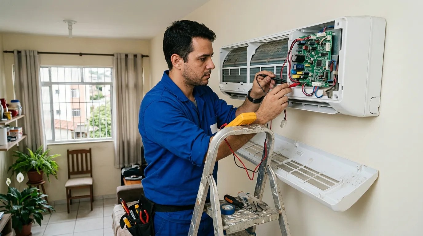 Técnico trocando a placa eletrônica de ar-condicionado split em Montes Claros‑MG