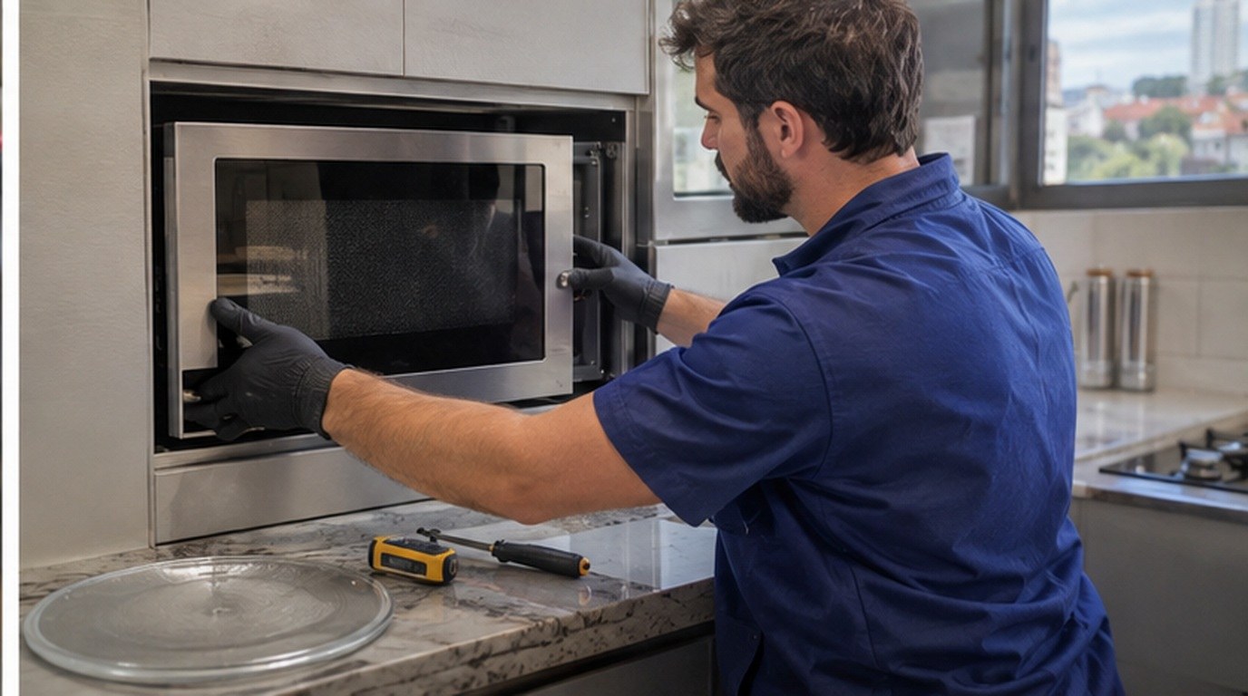 Conserto de micro-ondas de embutir em Montes Claros‑MG: técnico encaixando o aparelho no armário