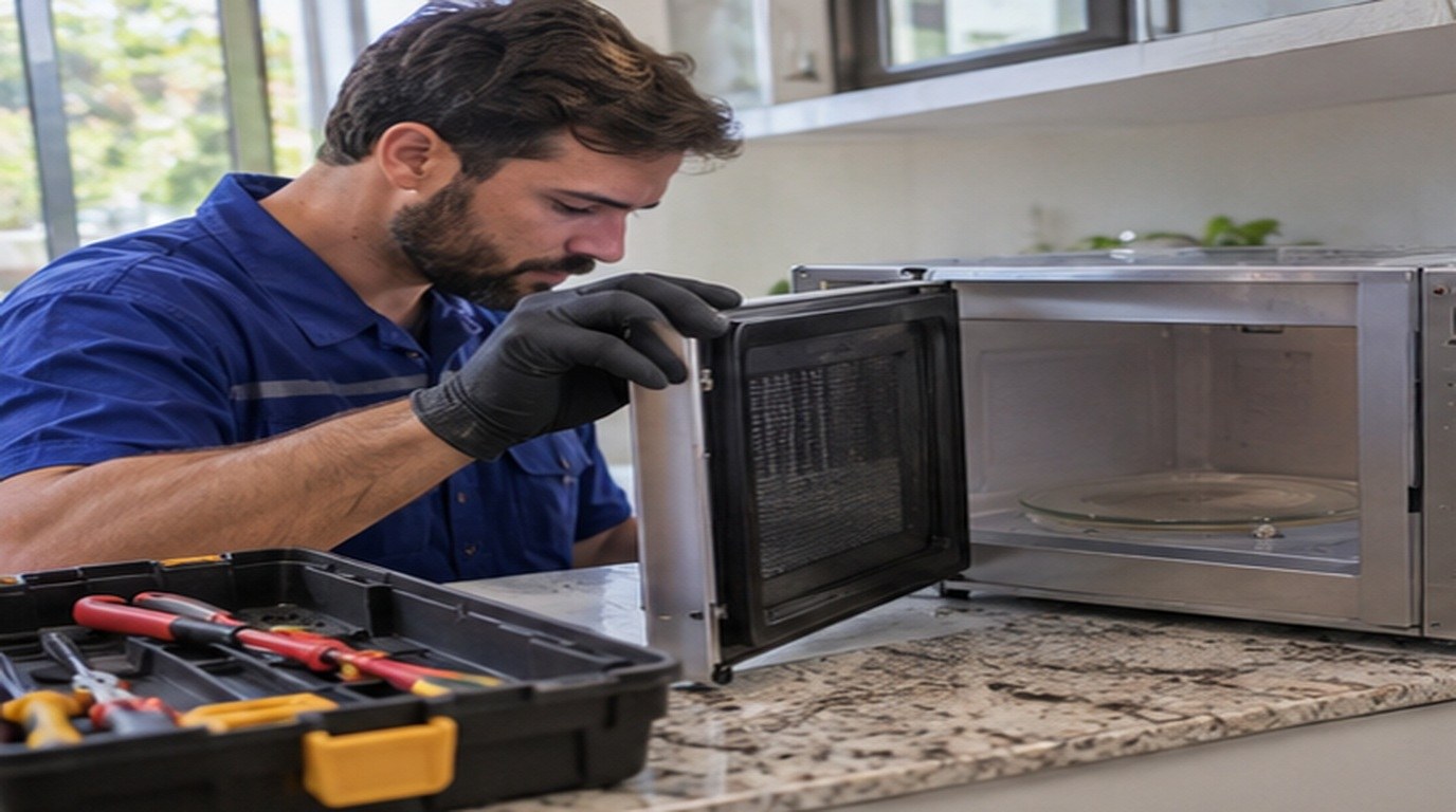 Conserto de micro-ondas em Montes Claros‑MG: técnico abrindo um micro-ondas de bancada