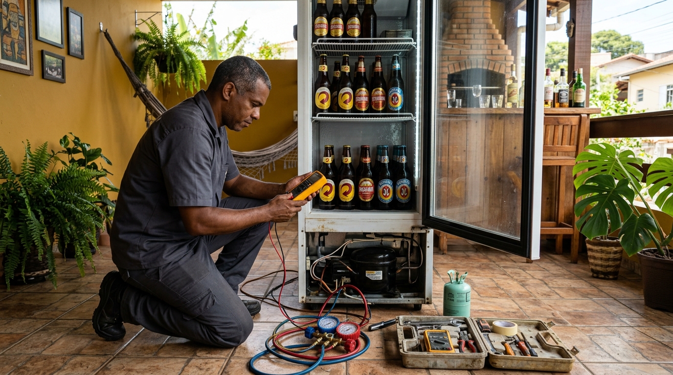 Placa eletrônica de cervejeira em reparo na bancada em Montes Claros‑MG