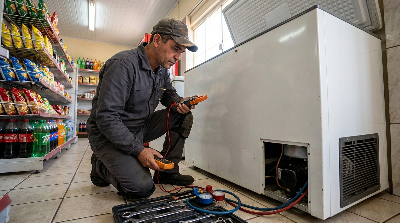 Reparo da placa eletrônica de um freezer em atendimento nos Inconfidentes, Montes Claros‑MG