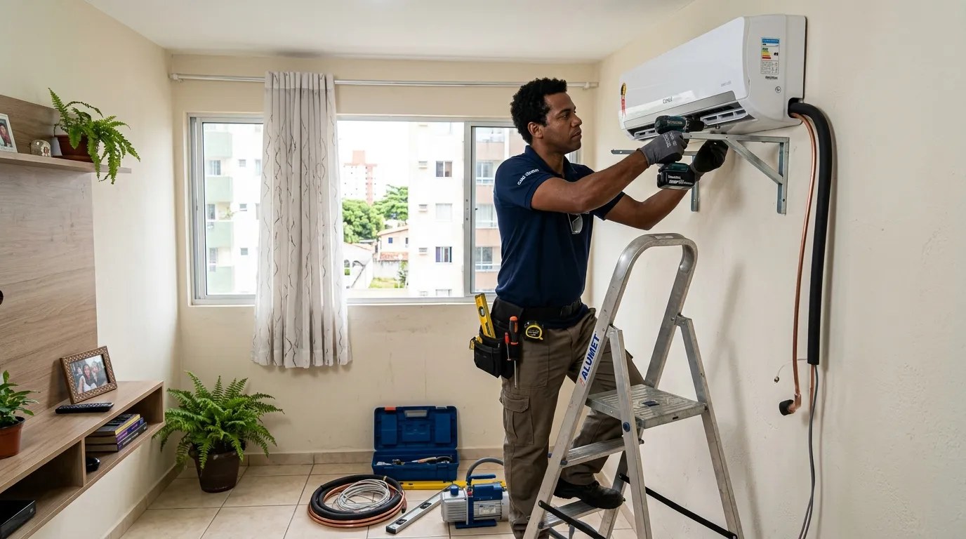 Técnico instalando ar-condicionado split em residência em Montes Claros‑MG