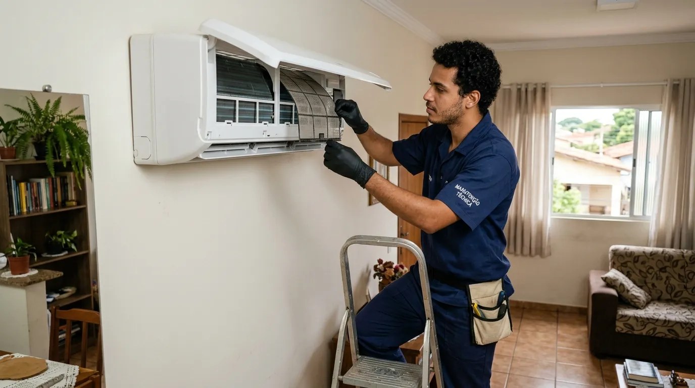 Técnico fazendo limpeza e higienização de ar-condicionado split em Montes Claros‑MG