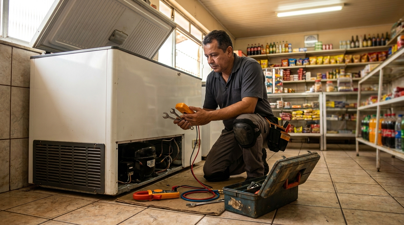 Técnico reparando o motor de um freezer horizontal nos Inconfidentes, Montes Claros‑MG