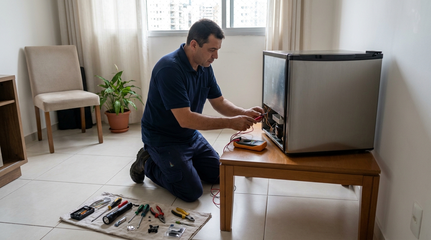 Técnico revisando o motor de um frigobar no Planalto, Montes Claros‑MG