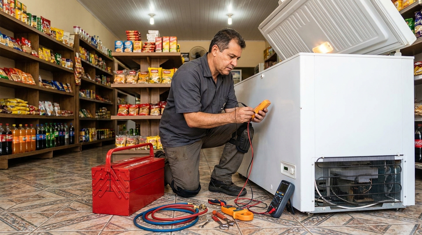 Manômetro conectado ao circuito durante recarga de gás de freezer nos Inconfidentes, Montes Claros‑MG