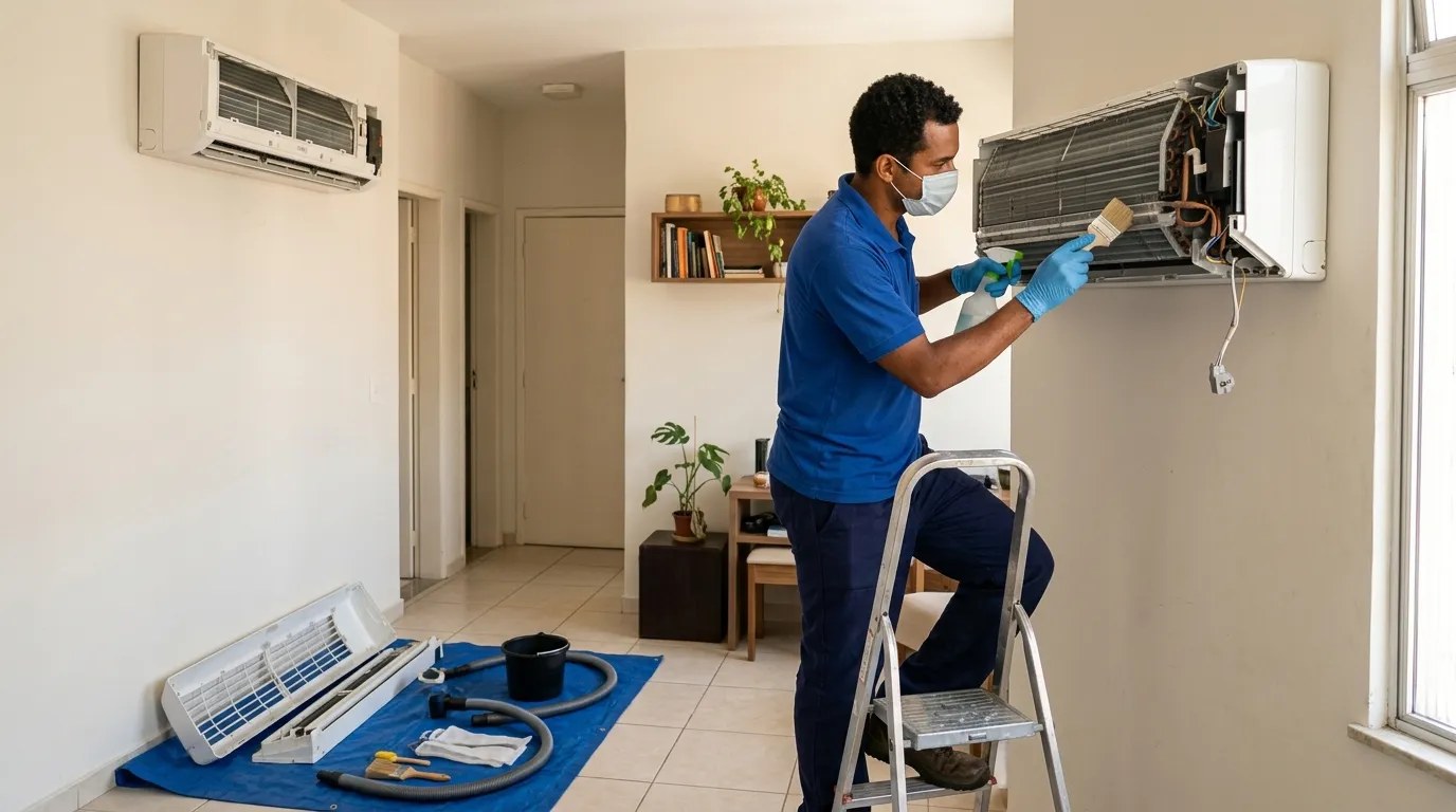 Técnico fazendo manutenção de ar-condicionado split em Montes Claros‑MG