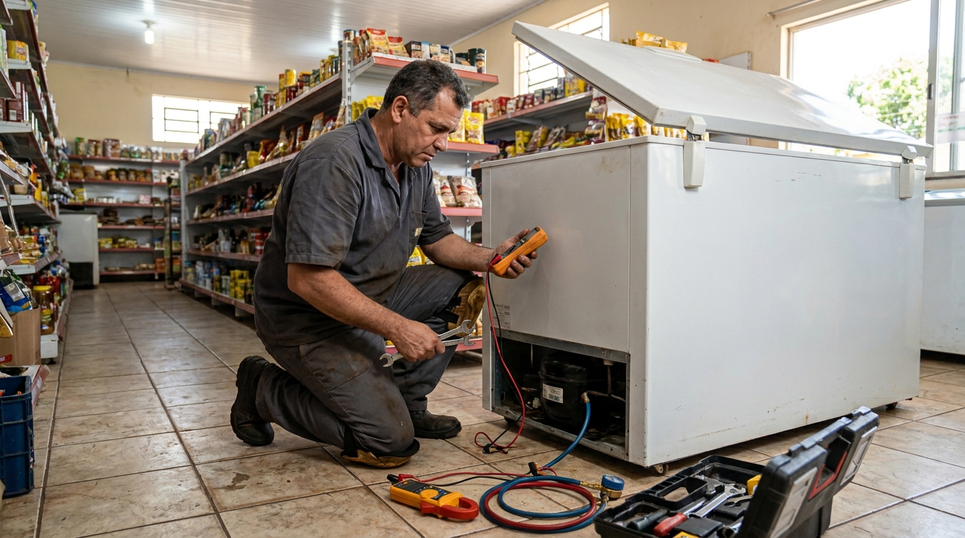 Substituição do termostato de um freezer durante visita técnica nos Inconfidentes, Montes Claros‑MG
